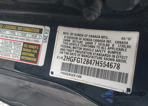 2007 Honda Civic Ex z USA, uszkodzony, nr VIN 2HGFG12847H554678